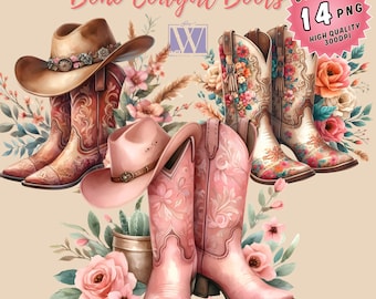 Boho Cowgirl Boots Clipart: Watercolor Floral Western PNG (14 Files)