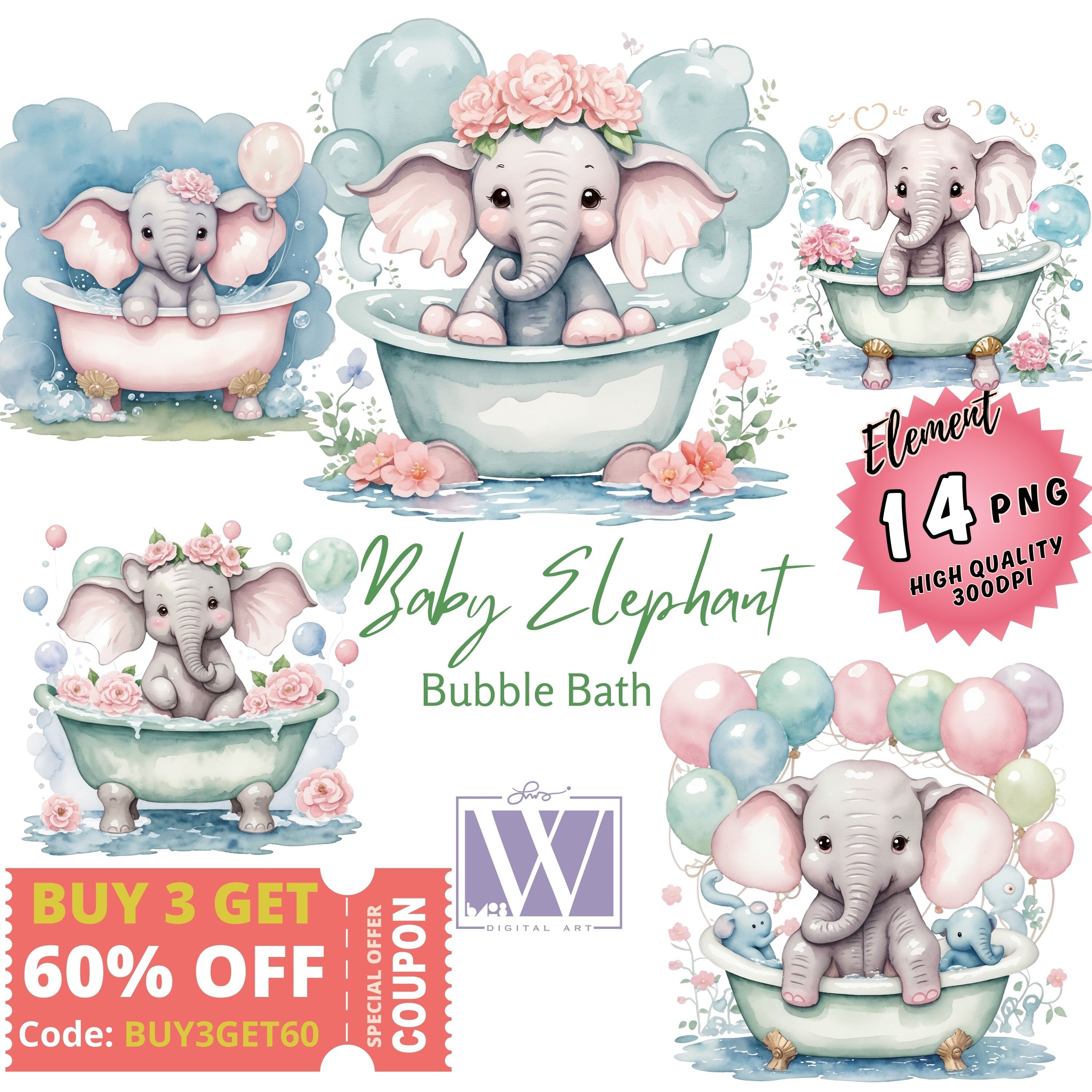 Cute Elephant Bubble Bath, Little Baby Elephant in a Vintage Bathtub