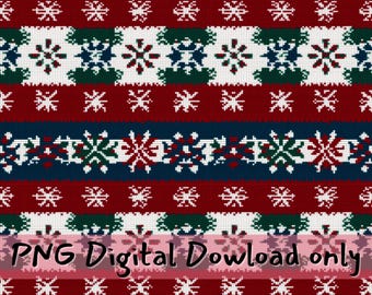 Peut inclure: Un motif sans couture de tricot rouge, blanc, bleu et vert. Le motif présente des flocons de neige et des formes géométriques. Le texte "PNG Digital Download only" est en bas de l'image.
