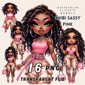 Chibi afro-américain exclusif, Bundle PNG transparent femme Chibi, impression à la demande, graphisme numérique tendance et élégant pour les entrepreneurs Etsy