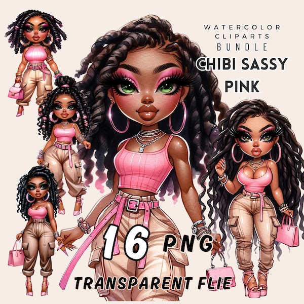 Paquete exclusivo de Chibi afroamericano, Chibi Woman transparente PNG, gráficos digitales de impresión bajo demanda modernos y elegantes para emprendedores de Etsy