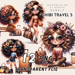 Boho Travel Girl Clipart: Chibi American Dolls, Transparent PNG (Digital Art)