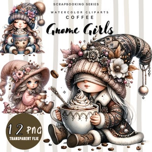 Gnome Girls coffee  clipart bundle, chibi Gnome clipart, Spring gnome png graphics, Spring sublimation,Transparent background,Commercial Use