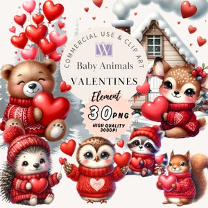 Watercolor Valentine&#39;s Baby Animals Clipart: 30 PNG Woodland Graphics (Digital Download)
