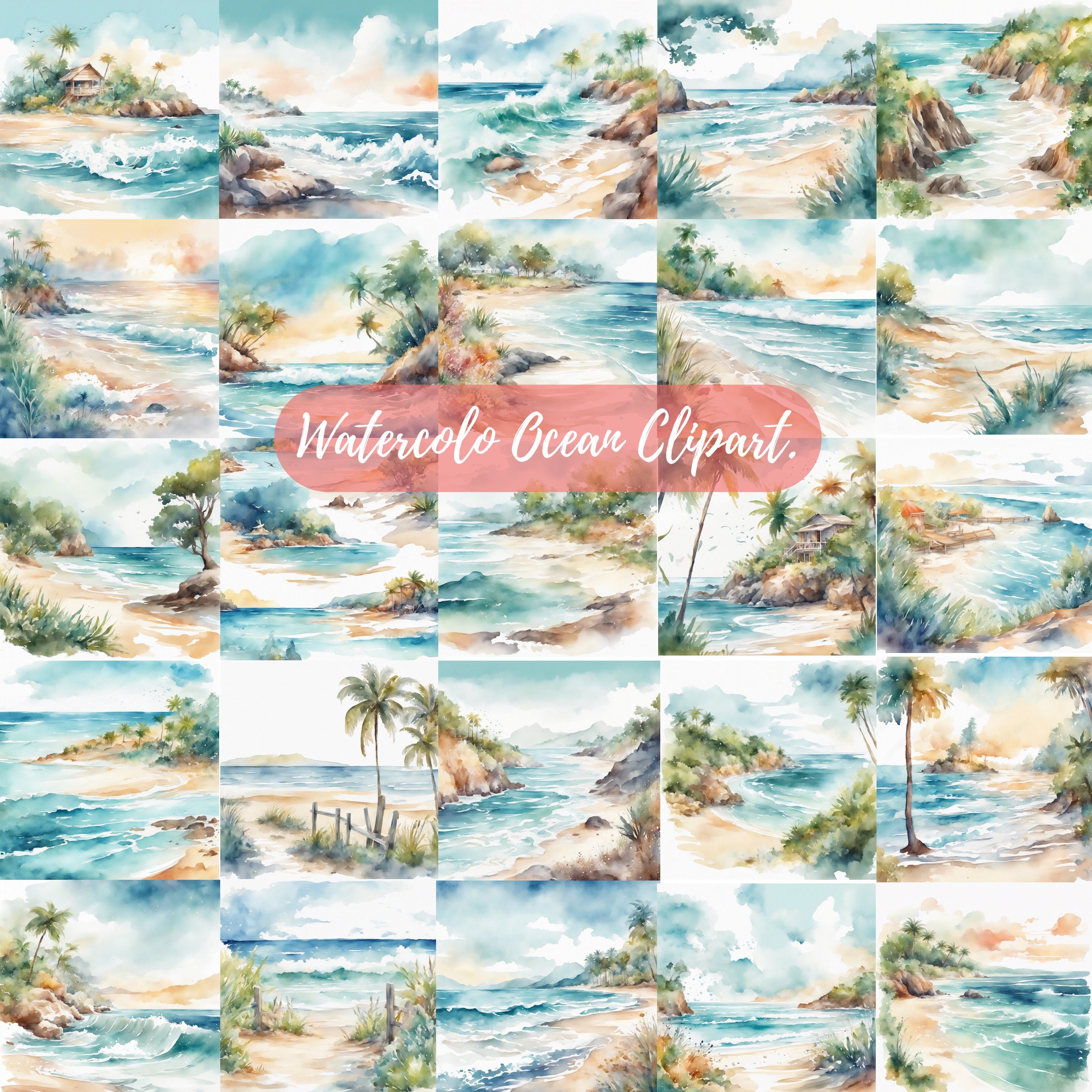 Seascapes Watercolor Clipart JPG Summer Ocean Beach Sea Summer Vacation ...