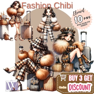 Fashion Chibi Travel Dolls Art: Watercolor Clipart Bundle (PNG Files)