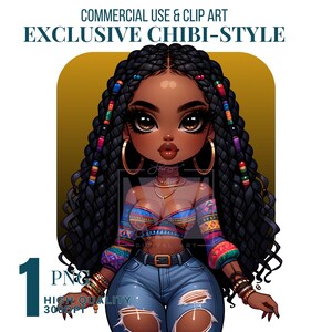 African American Chibi Woman PNG: Boho Fashion Art (Digital Download)