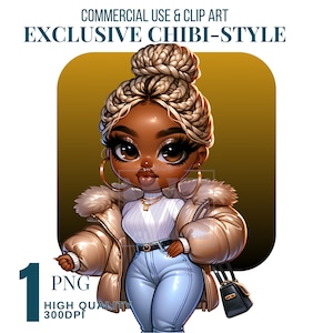 African American Chibi Woman PNG: Boho Travel Girl Clipart (Digital Download)