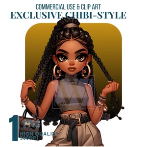 Chibi African American Woman PNG: Boho Travel Art (Digital Download)