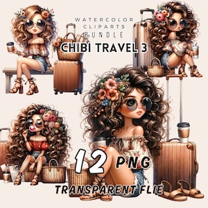 Chibi Travel Dolls Art: Boho Watercolor Clipart Bundle (PNG Files)