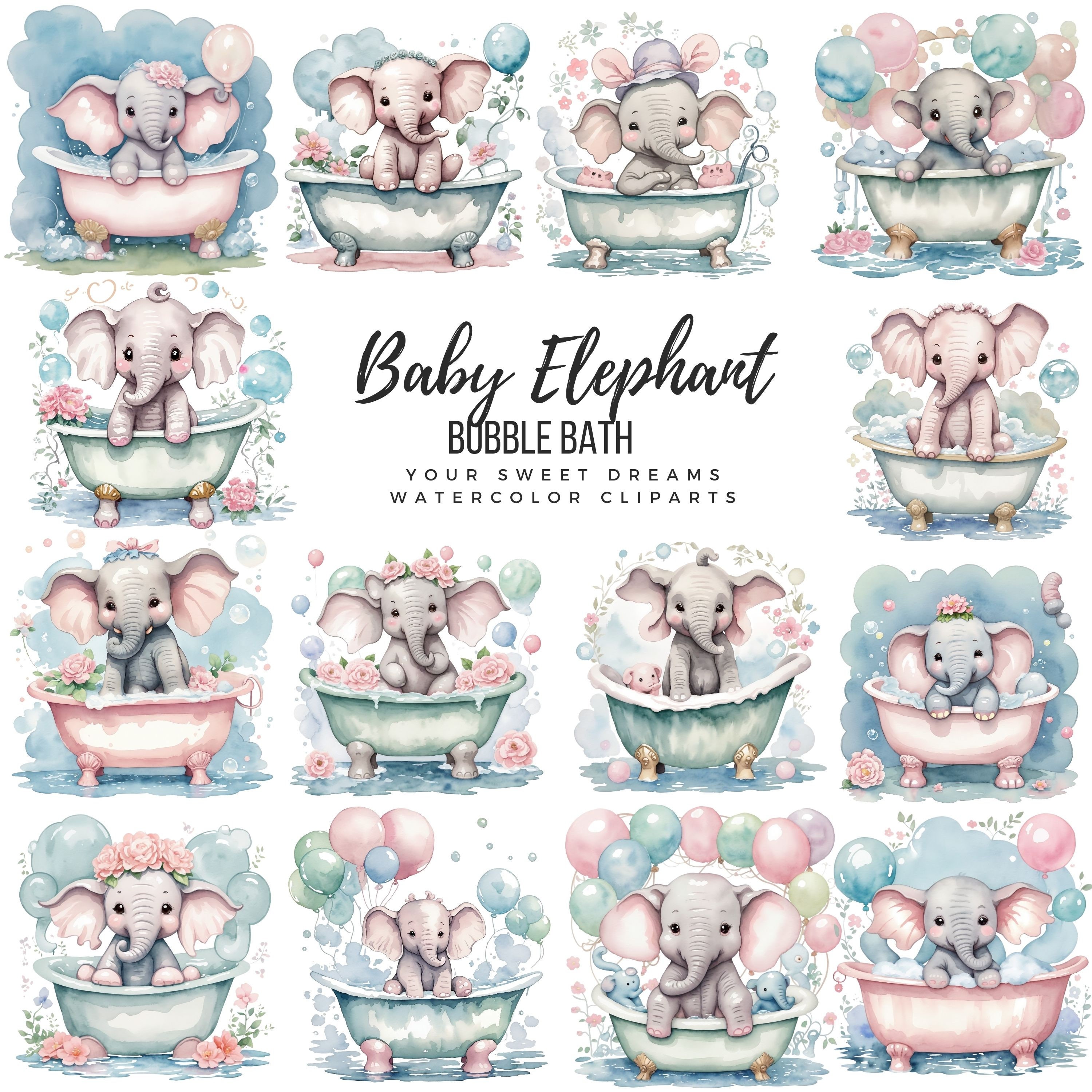 Cute Elephant Bubble Bath, Little Baby Elephant in a Vintage Bathtub