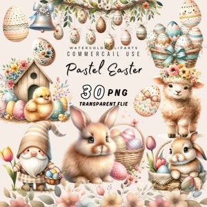 Pastel Easter Watercolor Clipart: Bunny, Lamb, Eggs (Digital Download)