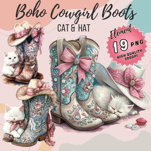 Boho Cowgirl Boots and Cat Clipart, Watercolor Cowgirl Boots, Cowgirl Hat Png, Western Boots Png, Cowgirl Boots Png, Floral boots png