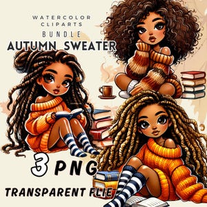 African American Chibi Woman PNG Clipart: Autumn Sweater Art (Digital Download)