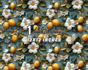 May include: Seamless pattern featuring lemons, white flowers, and green leaves on a teal background. The design includes the text "1 JPG SEAMLESS PATTERNS 12x12 INCHES". The pattern is a repeating design, perfect for various applications.