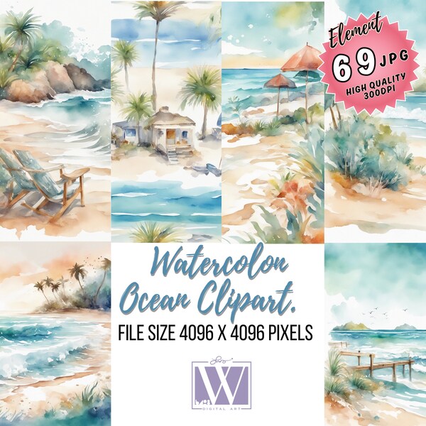 Seascapes Watercolor Clipart JPG - summer ocean beach sea summer vacation landscapes nature