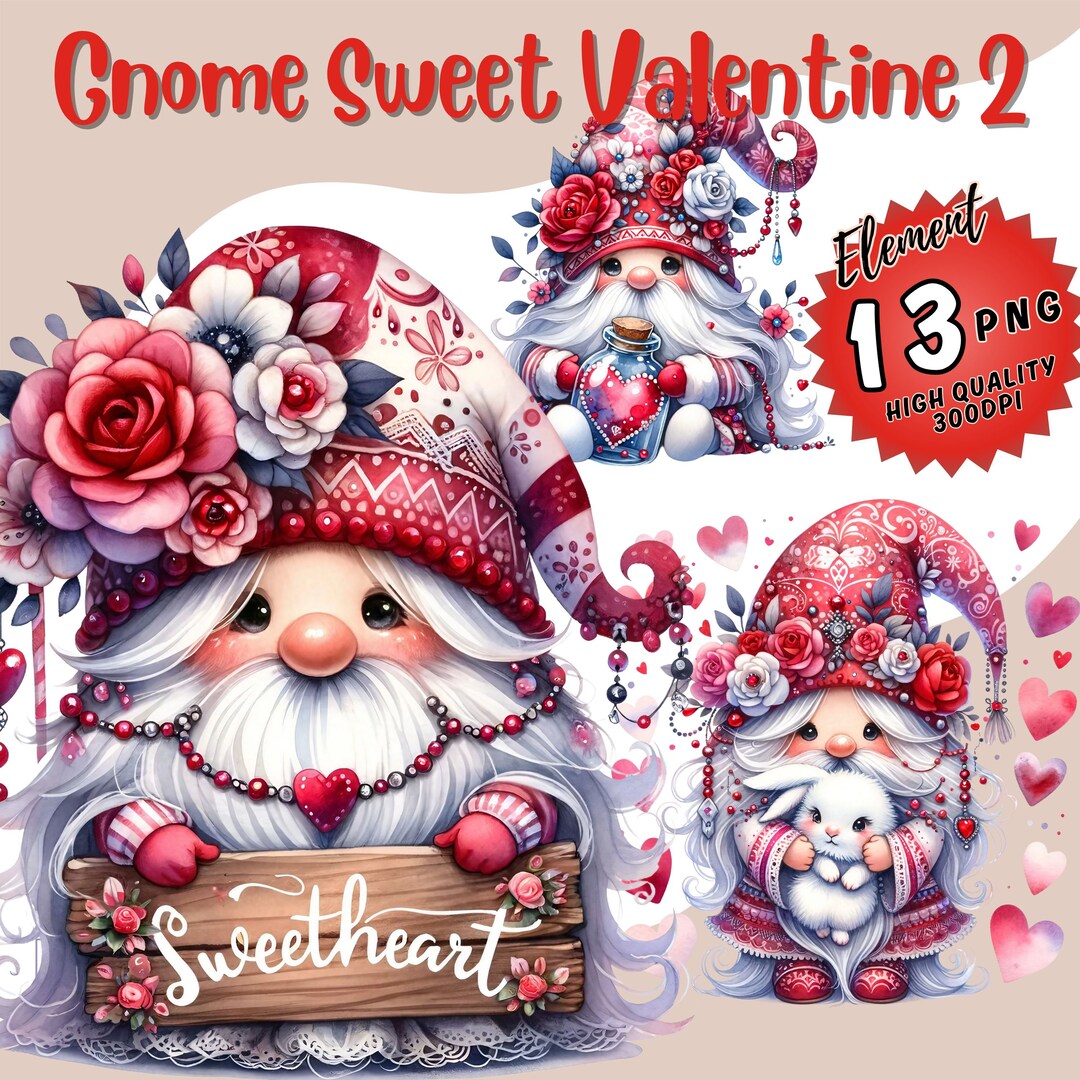 Watercolor Valentines Gnome Clipart Bundle: PNG Graphics (commercial ...