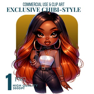 African American Chibi Woman PNG: Boho Fashion Doll (Digital Download)