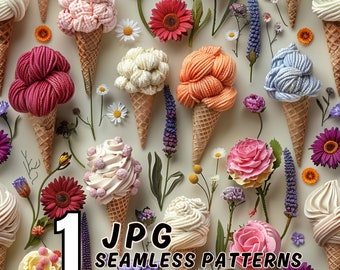 Ice Cream Floral Seamless Pattern: Summer Fabric Sublimation (JPG Digital Download)
