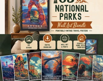 Posterset 63 Amerikaanse nationale parken: kunst aan de muur AI-reizen, retro vintage prints, galerijmuur digitale download