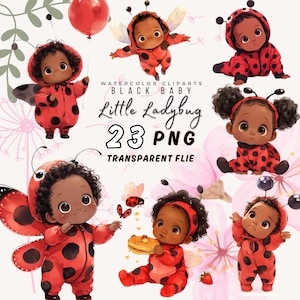 Raccolta di clipart di graziose coccinelle - Elementi PNG di coccinelle afroamericane, scrapbooking digitale, baby shower etnico per bambine