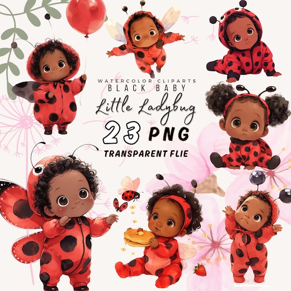 Colección linda de imágenes prediseñadas de Little Ladybug - Elementos PNG de bebé de mariquita afroamericana, álbum de recortes digital, baby shower de niña étnica