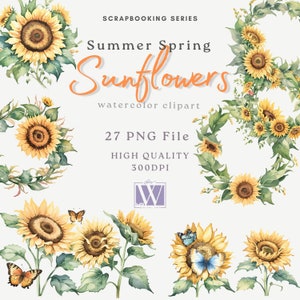 Puede incluir: Un conjunto de 27 imágenes de clipart de acuarela de girasoles en varios arreglos, incluyendo coronas, ramos y flores individuales. Las imágenes son de alta calidad y 300 DPI. El texto "Summer Spring Sunflowers" está escrito en una fuente decorativa.