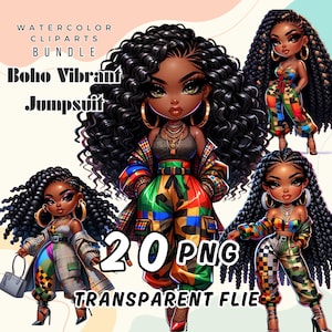 Boho Jumpsuit Girl Clipart: African American Chibi PNG (Commercial Use)