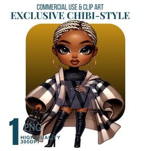 African American Chibi Woman PNG: Boho Fashion Doll Clipart (Digital Download)