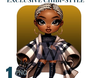 African American Chibi Woman PNG: Boho Fashion Doll Clipart (Digital Download)