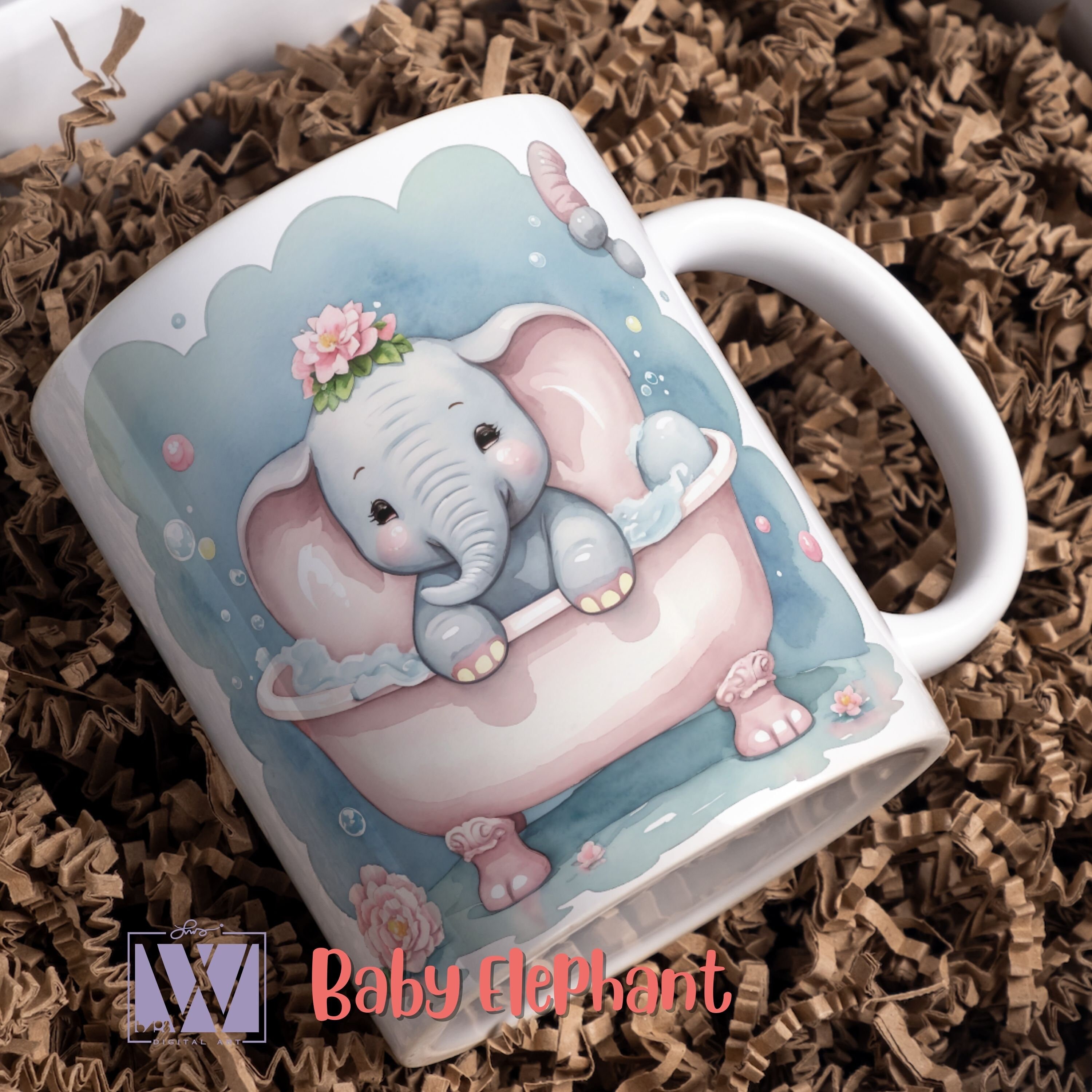 Cute Elephant Bubble Bath, Little Baby Elephant in a Vintage Bathtub