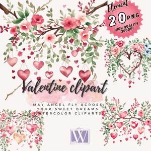 Valentine Watercolor Clipart: Heart Wreath, Floral Blooms (PNG, PDF) - Etsy