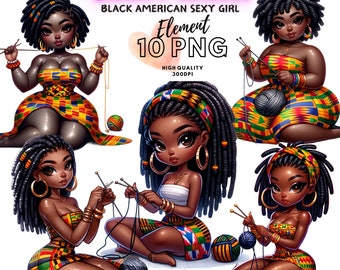 African American Chibi Knitter PNG Art: Kente Cloth Clipart (Commercial Use)