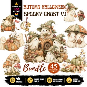 May include: A digital collection of 45 PNG files titled Autumn Halloween Spooky Ghost V.1, featuring illustrations of ghosts wearing hats, pumpkins, mushrooms, and a hedgehog. The graphics include ghosts with lanterns, umbrellas, and baskets, all rendered in a soft, muted colour palette.