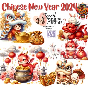 Nouvel an chinois 2024, ensemble de cliparts aquarelle, illustrations de dragon mignon, art numérique, lot pour POD, fichiers PNG transparents, usage Commercial