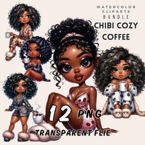African American Chibi: Cozy Coffee Woman PNG Clipart (Digital Download)