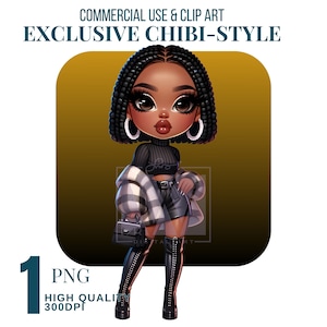 African American Chibi Woman PNG: Boho Travel Art (Digital Download)
