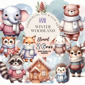 Cute Woodland Animal Clipart, Forest Animals, Winter Clipart, Digital Download, Winter Landscapes, Woodland Christmas, Christmas Clipart