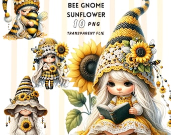 Bee Gnome Sunflower clipart bundle, chibi Gnome clipart, Spring gnome png graphics, Spring sublimation,Transparent background,Commercial Use