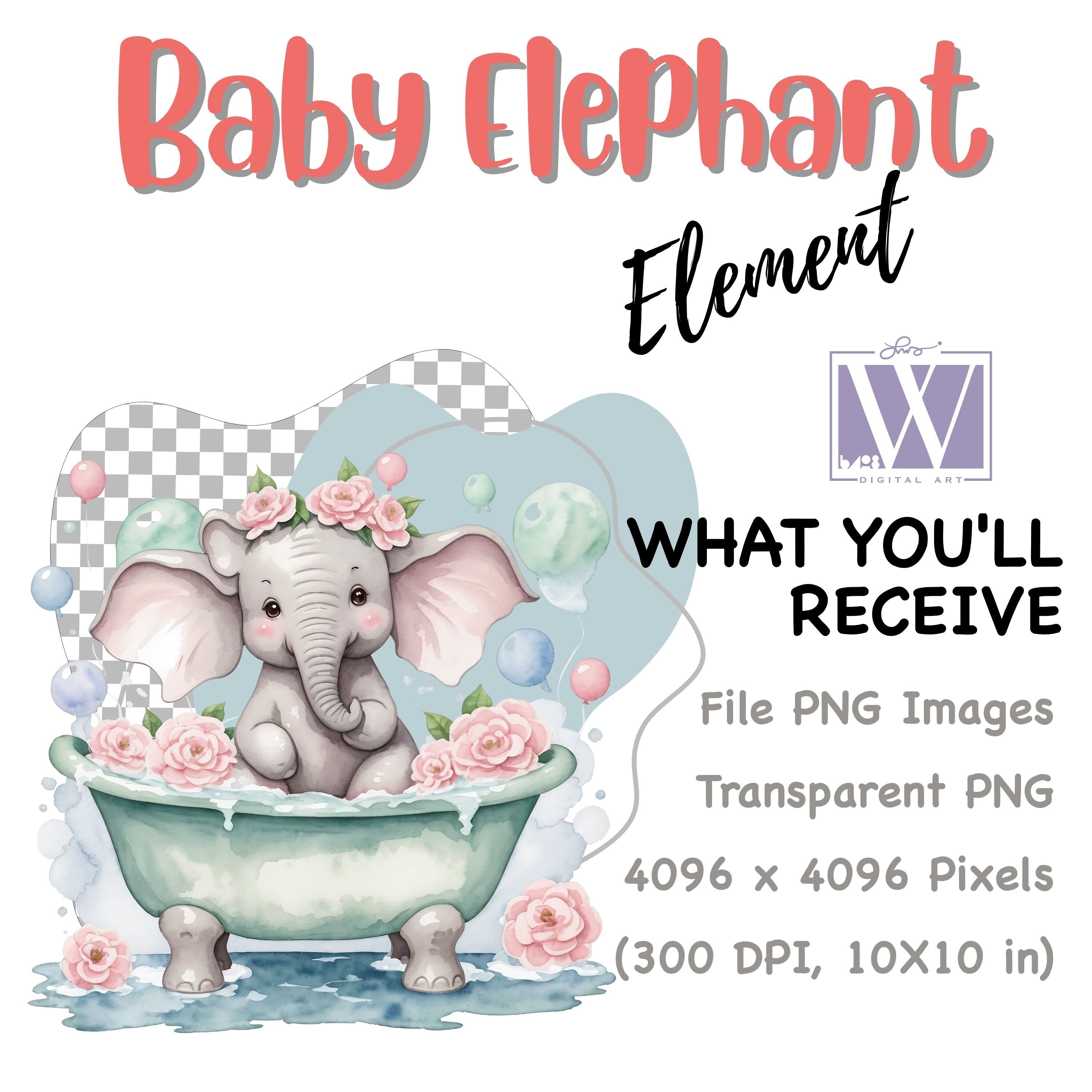 Cute Elephant Bubble Bath, Little Baby Elephant in a Vintage Bathtub