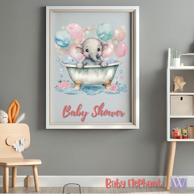 Cute Elephant Bubble Bath, Little Baby Elephant in a Vintage Bathtub