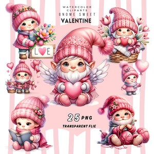 Watercolor Valentines Gnome Clipart Bundle: 25 PNG Graphics (Commercial Use)