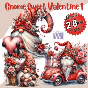 Valentine Gnome Clipart Bundle: Watercolor PNG Graphics (Commercial Use)