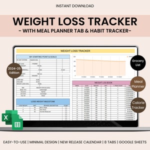 May include: A digital weight loss tracker spreadsheet template for Google Sheets. The template includes a weight log book, a loss weight milestone tracker, a starting point and goals section, and a graph to track weight loss progress. The template is designed to help users track their weight, set goals, and stay motivated on their weight loss journey.