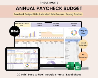 Ultimate Paycheck Budget Spreadsheet Annual Paycheck Planner Google Sheets and Excel Budget Template Monthly Bills Savings Debt Tracker