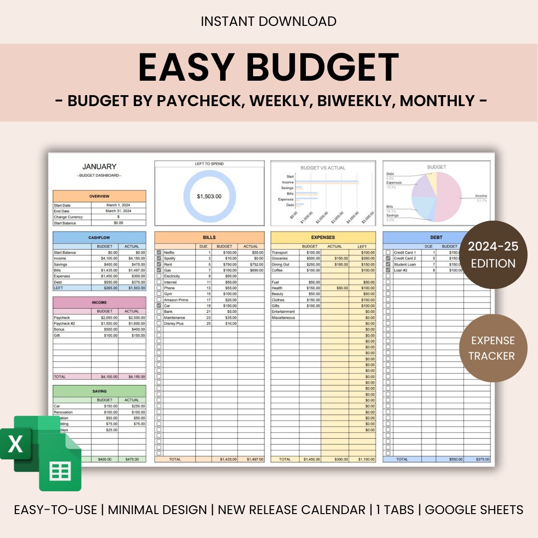 Easy Budget Planner for Google Sheet Budget Spreadsheet Weekly Biweekly ...
