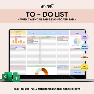 To Do List, Task Tracker, and Productivity Planner for Excel - Daily, Weekly, Monthly Organization & Task Management Template with Dashboard