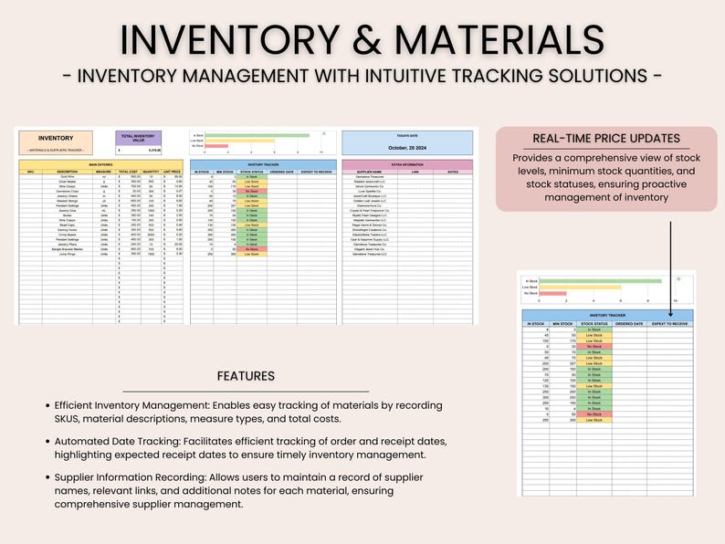 May include: A spreadsheet with a colorful design showing inventory management features. The spreadsheet includes columns for SKU, description, minimum stock, total cost, quantity, unit cost, and expected receipt date. The spreadsheet also includes a section for real-time price updates, which provides a comprehensive view of stock levels, minimum stock quantities, and stock statuses.