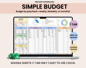 Simple Budget Budget Planner Spreadsheet Monthly Budget for Google sheets Budget Tracker, Weekly Budget Template, Biweekly Budget Planner sa