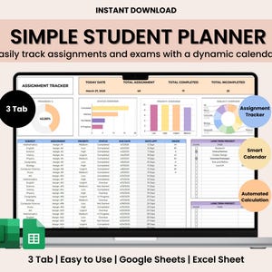 Student Planner Spreadsheet, School Assignment Tracker Google Sheets, Academic Study Template Spreadsheet, College Planner Spreadsheet